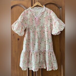 Umgee Floral Puff Sleeve Ruffle Hem Mini Dress Women's Medium Spring Pink